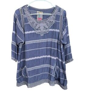 Johnny Was Top Womens Small Embroidered Eyelet Crochet Blouse Purple Rayon BOHO
